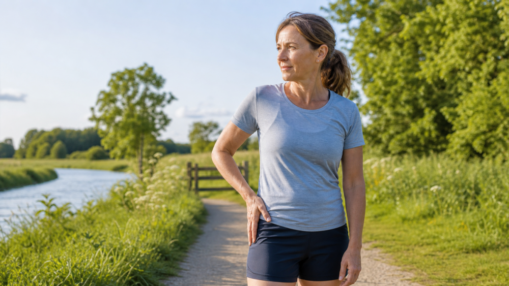 Vrouw met pijn aan de buitenkant van de heup tijdens het wandelen - Spine Clinics