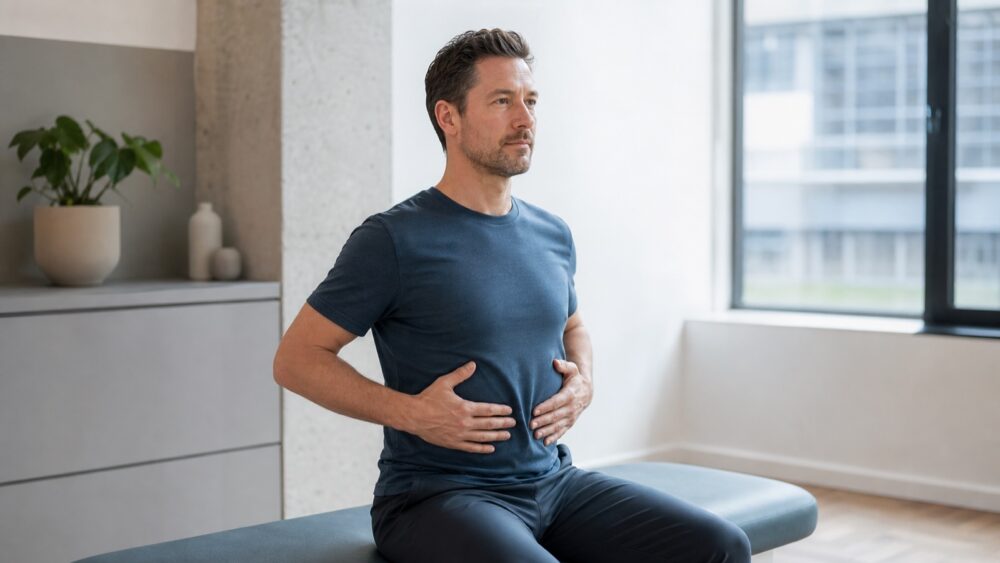 Man oefent rustige middenrifademhaling met handen op de onderste ribben - Spine Clinics