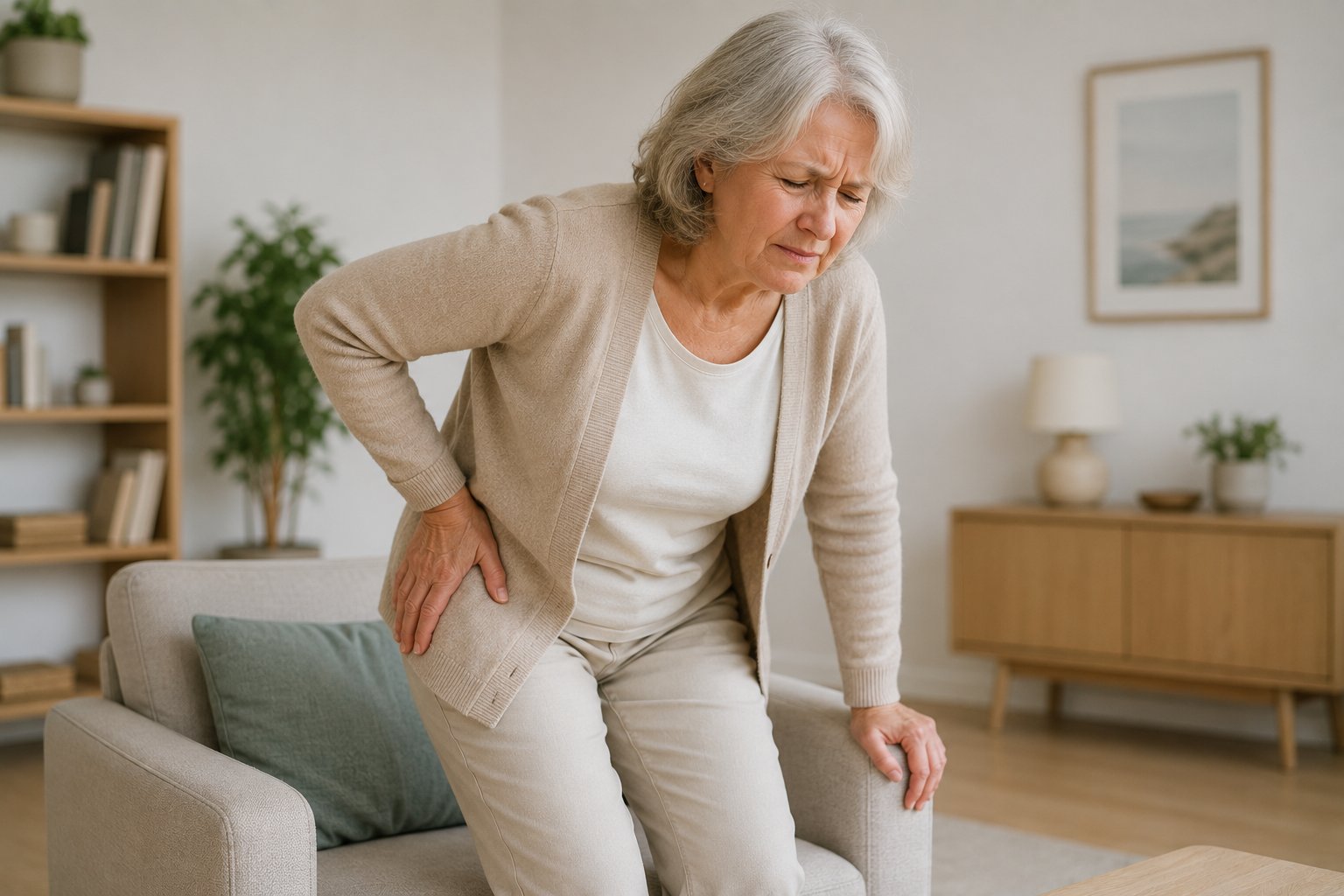 oudere vrouw staat stijf op uit fauteuil door artrose