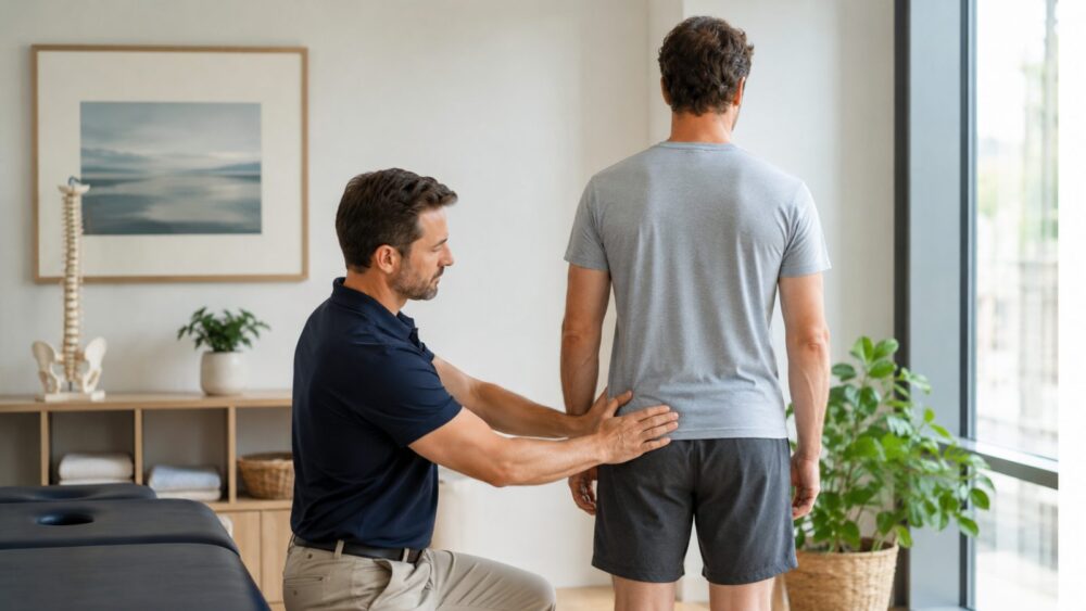 Chiropractor beoordeelt de bekkenstand en beenlengte van een staande patiënt – Spine Clinics