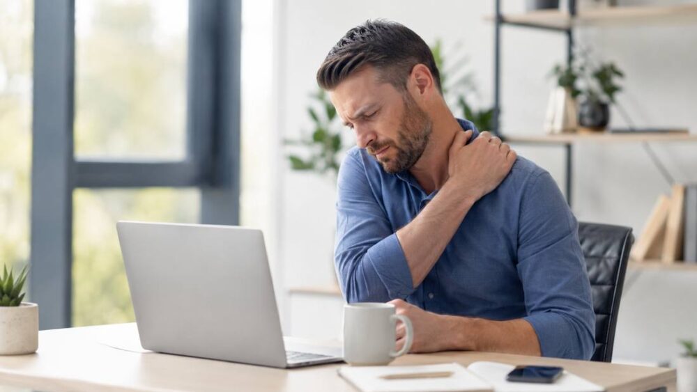 Persoon met nekklachten achter een laptop op de werkplek
