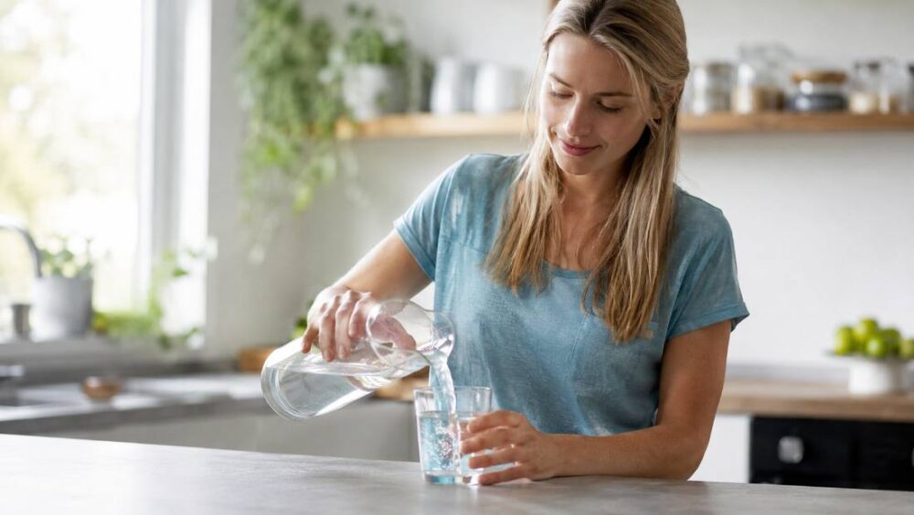 Persoon schenkt een glas water in - voldoende drinken en hydratatie