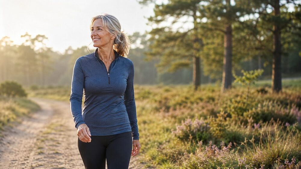 Vitale vrouw wandelt in de natuur – gewichtsdragende beweging tegen botontkalking