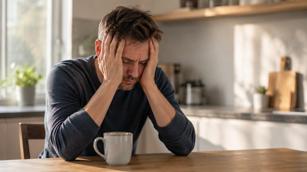 uitgeputte man met burn-out aan de keukentafel