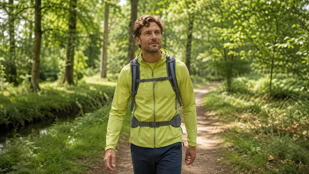 Wandelaar stelt de banden van een dagrugzak goed af