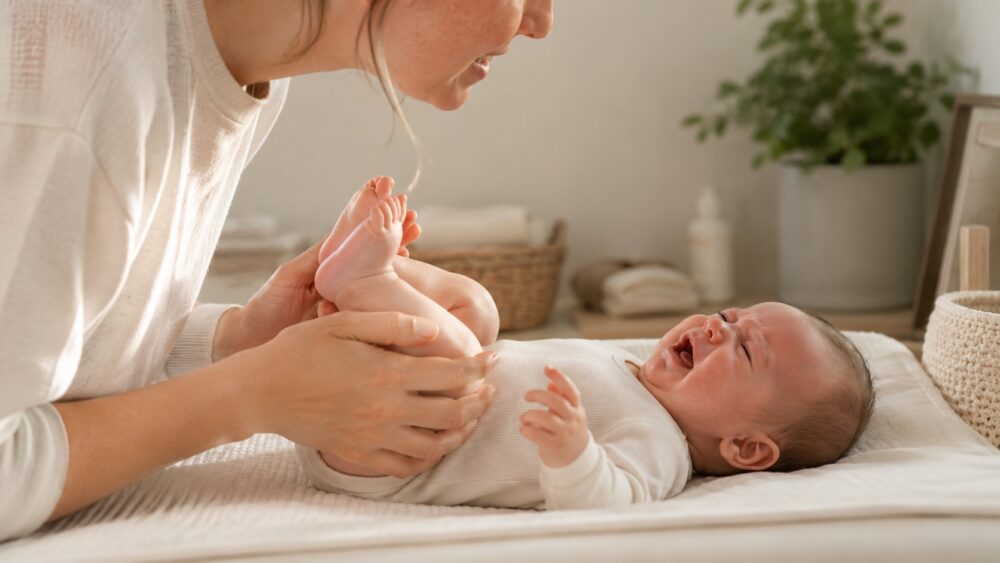 moeder troost baby met darmkrampjes op de commode
