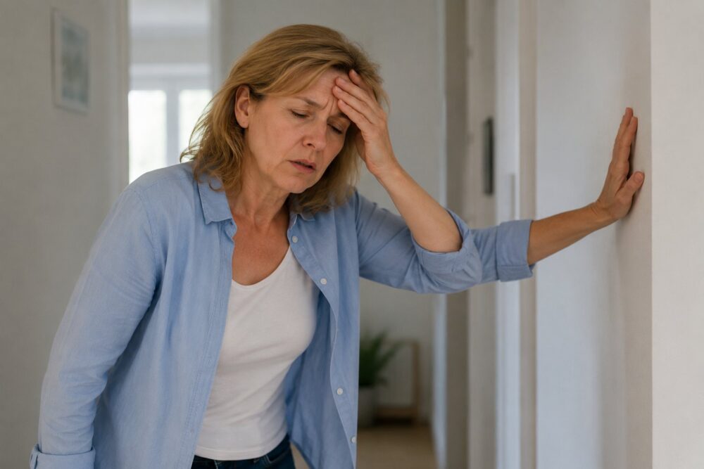 duizelige vrouw houdt zich vast aan de muur