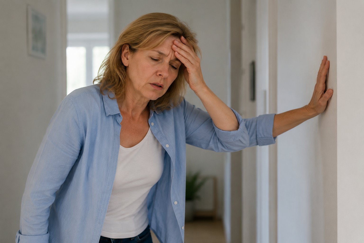 duizelige vrouw houdt zich vast aan de muur