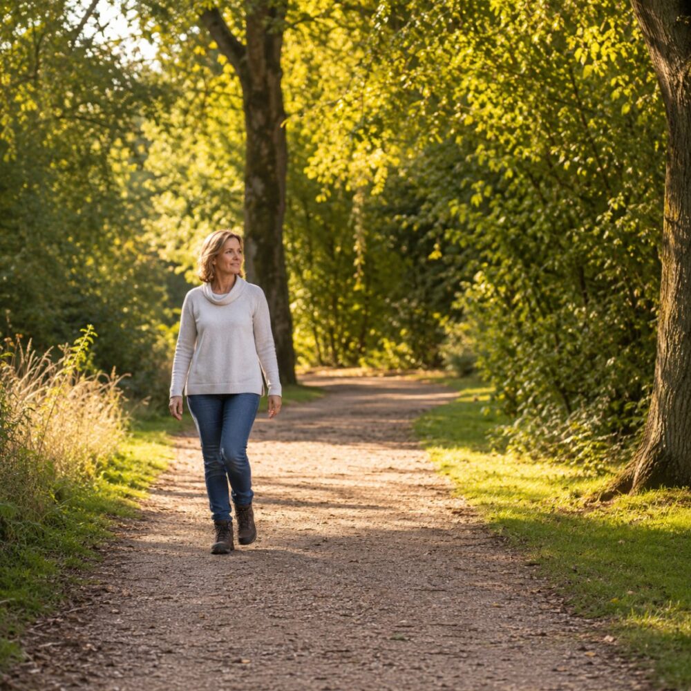 Vrouw wandelt ontspannen buiten in het park – ervaringsverhaal voetklachten, Spine Clinics