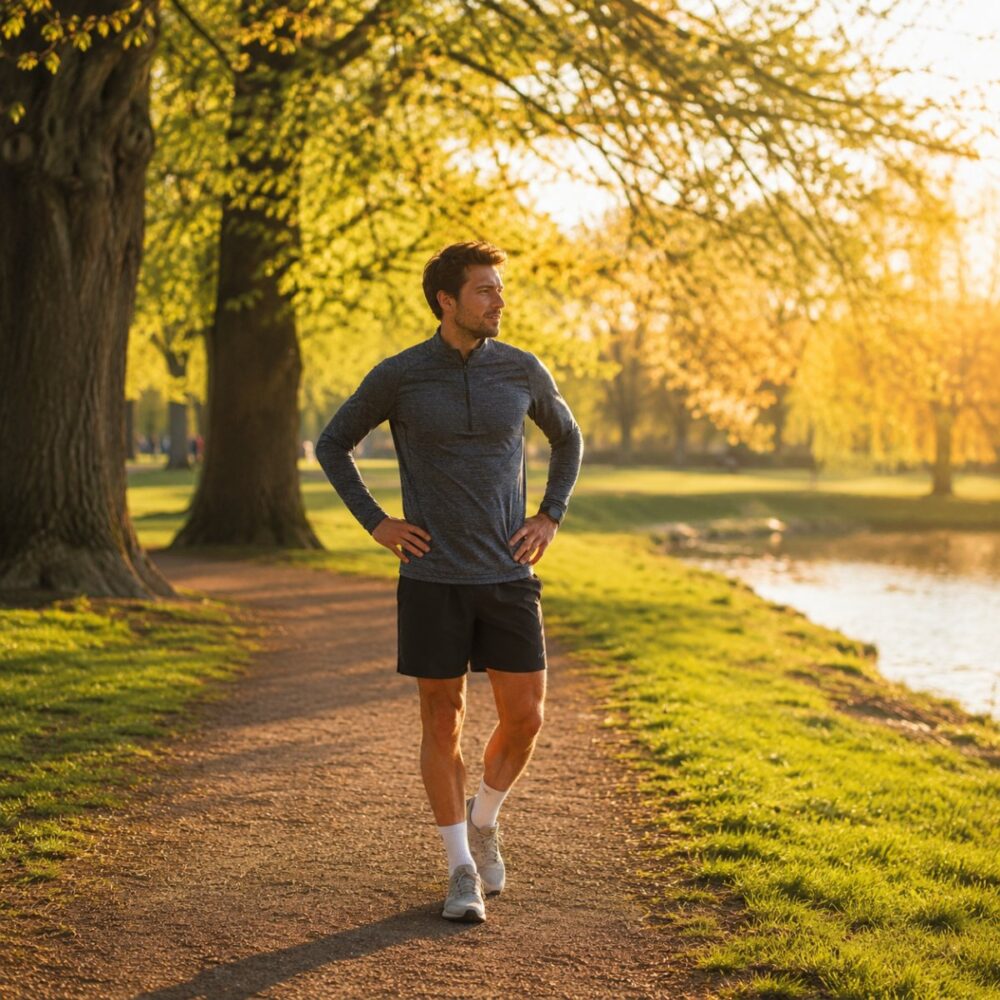 Sportieve jonge man in hardloopkleding ontspant na het hardlopen in het park – ervaringsverhaal stressfractuur, Spine Clinics