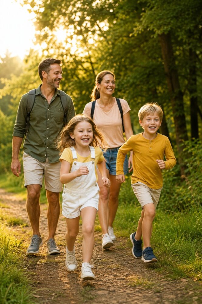 Vrolijk, actief gezin geniet samen buiten in de natuur in warm zonlicht – Spine Clinics