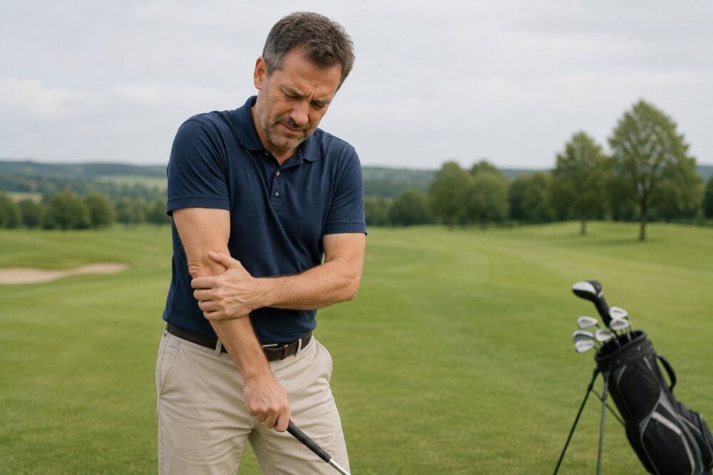 golfer grijpt naar binnenkant elleboog door golferselleboog