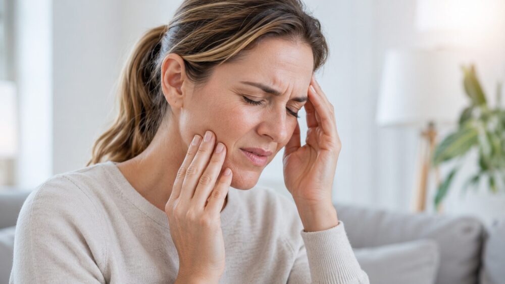 Vrouw houdt kaak en slaap vast door hoofdpijn – de link tussen kaak, nek en pijn, Spine Clinics