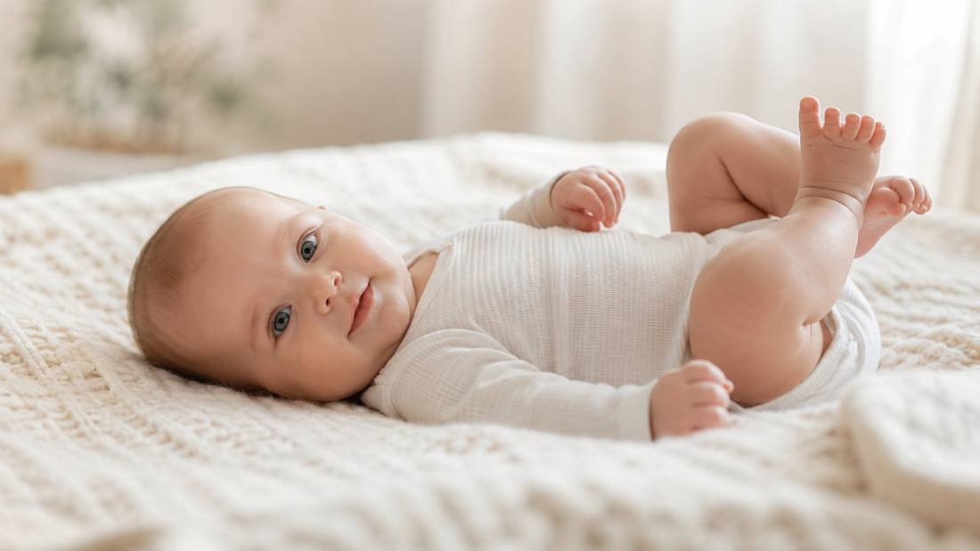 Rustige baby ligt vredig op een dekentje - Spine Clinics huilbaby