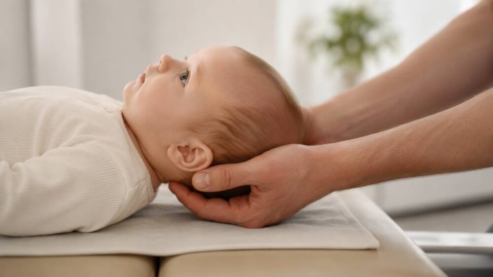 Zachte handen ondersteunen het hoofdje van een baby - Spine Clinics huilbaby behandeling