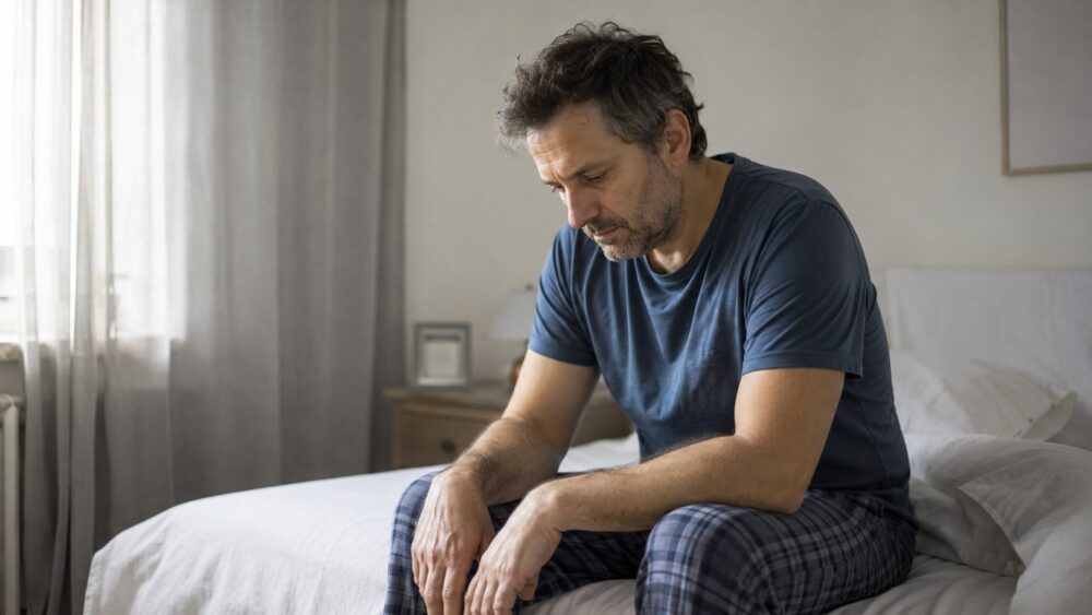 vermoeide man op de rand van het bed door long-covid