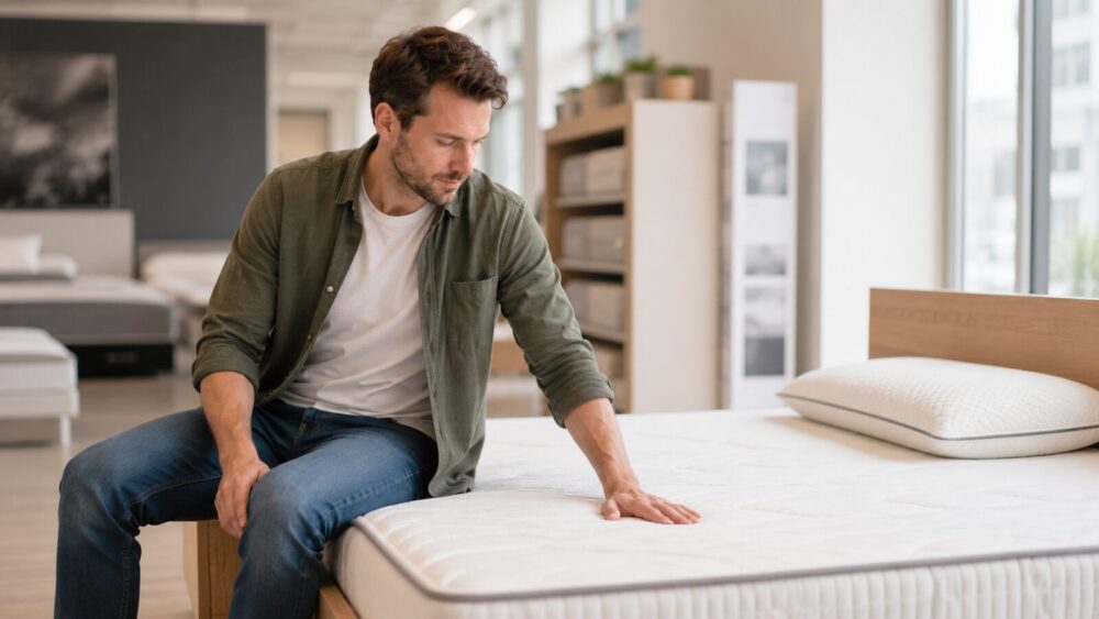 Persoon test een matras op stevigheid in een lichte slaapkamer – matras en kussen kiezen, Spine Clinics