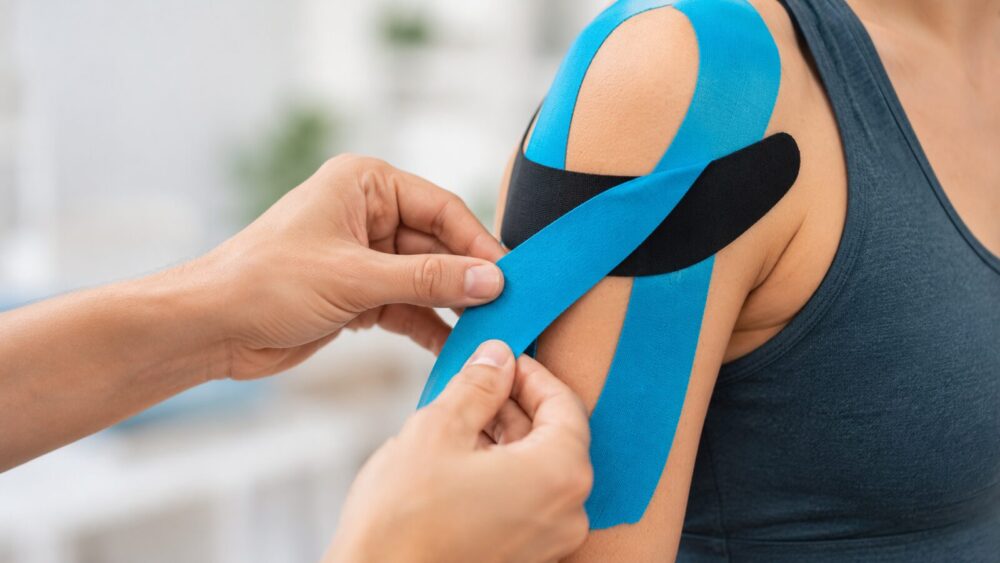 Behandelaar brengt kinesiotape aan op de schouder – medical taping, Spine Clinics