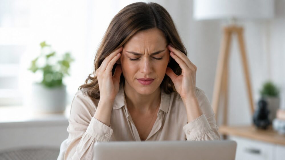 Vrouw met hoofdpijn masseert haar slapen – migraine of spanningshoofdpijn, Spine Clinics