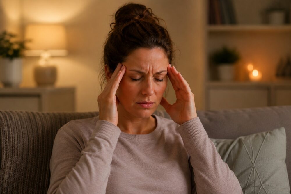 vrouw met migraine drukt vingertoppen tegen haar slapen