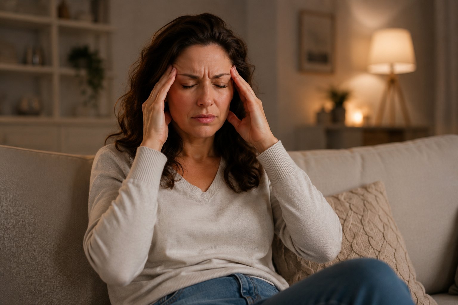 vrouw met migraine drukt vingers tegen slapen