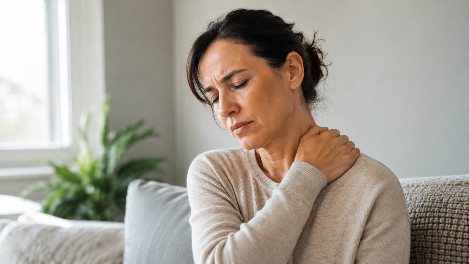 Persoon houdt pijnlijke nek en schouder vast door spierpijn en triggerpoints – Spine Clinics, klacht myofasciaal pijnsyndroom