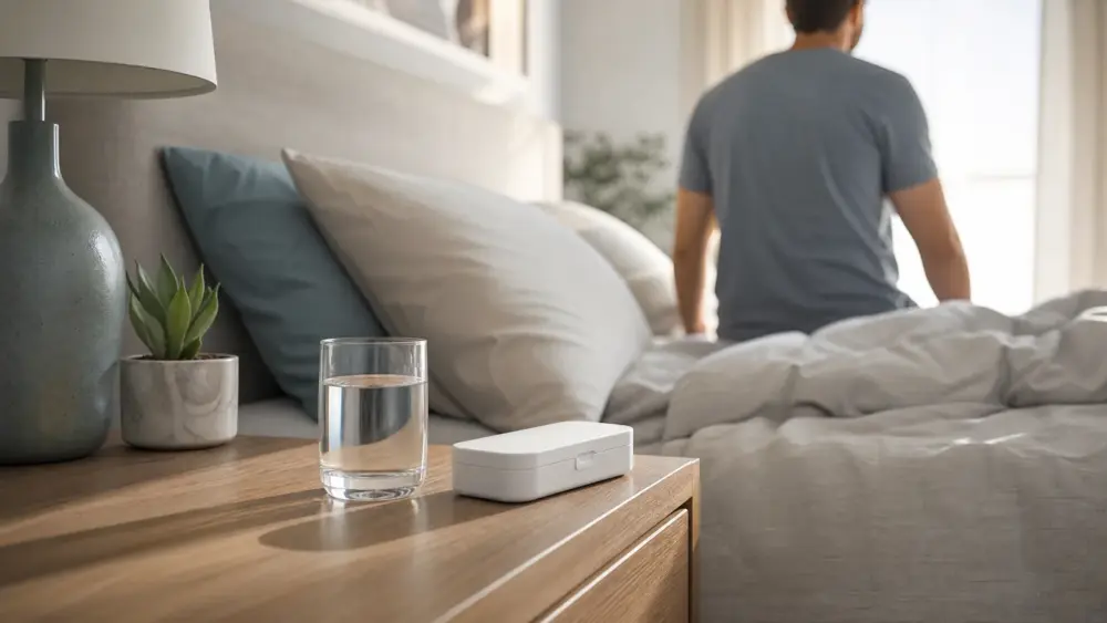 Glas water en een pillendoosje op een nachtkastje, op de achtergrond iemand die opstaat uit bed in ochtendlicht – Spine Clinics