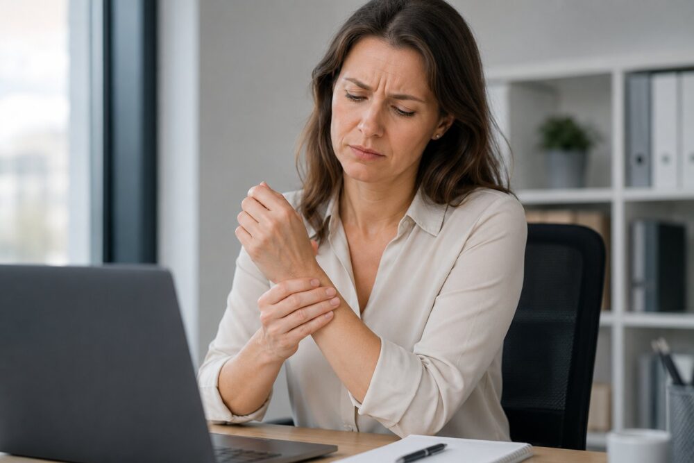 vrouw wrijft over pijnlijke pols achter laptop