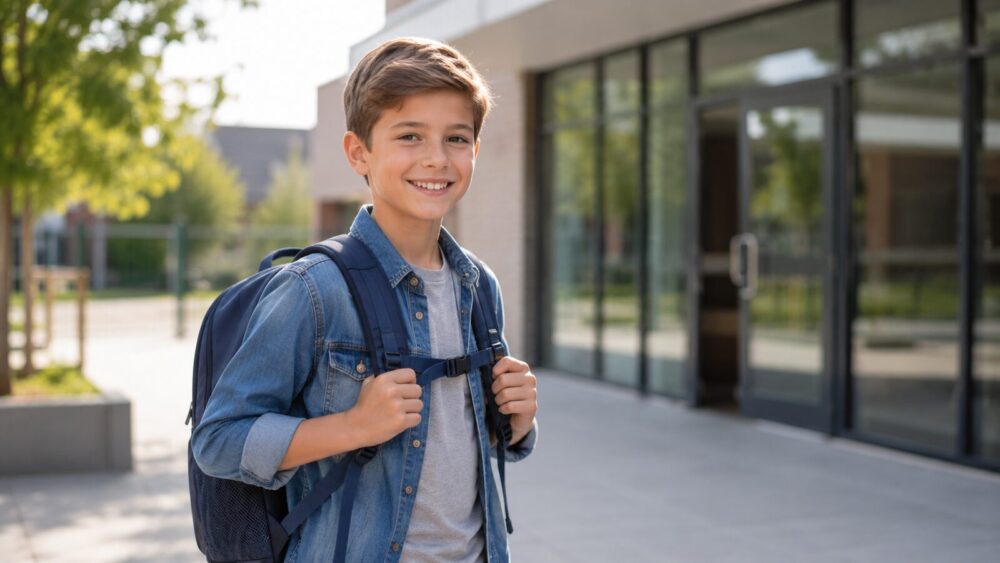 Schoolkind draagt een rugzak op beide schouders met een goede houding – Spine Clinics