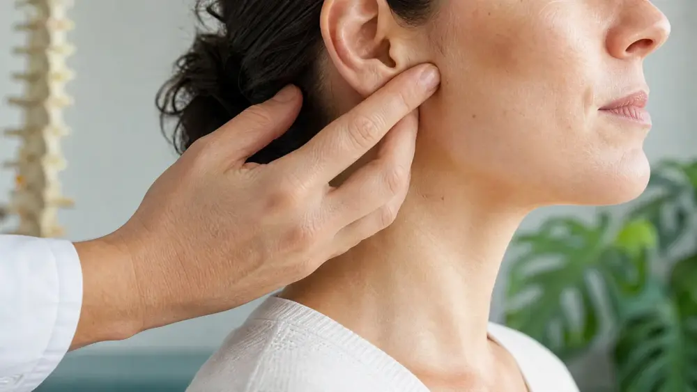 Chiropractor voelt met twee vingers het kaakgewricht van een patiënt, zijaanzicht in een lichte behandelkamer – Spine Clinics