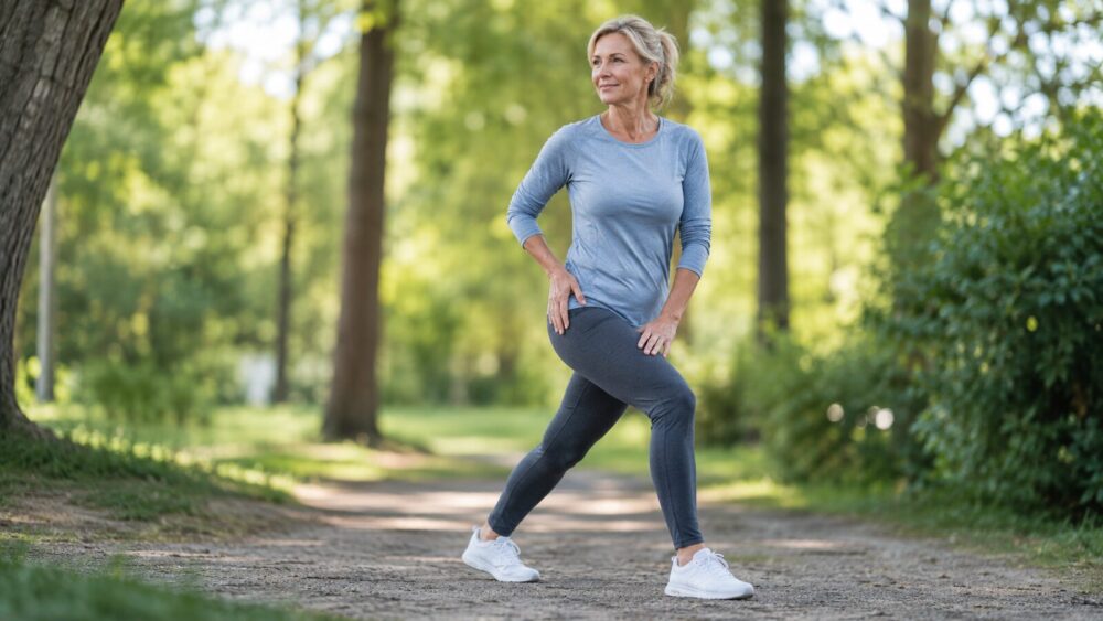 Vitale 55-plusser doet een heup-mobiliteitsoefening buiten – slijtage in de heup, Spine Clinics