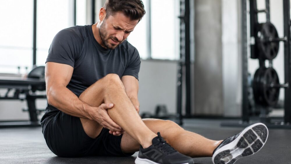 Sporter pakt zijn kuit vast door spierpijn na de training – Spine Clinics
