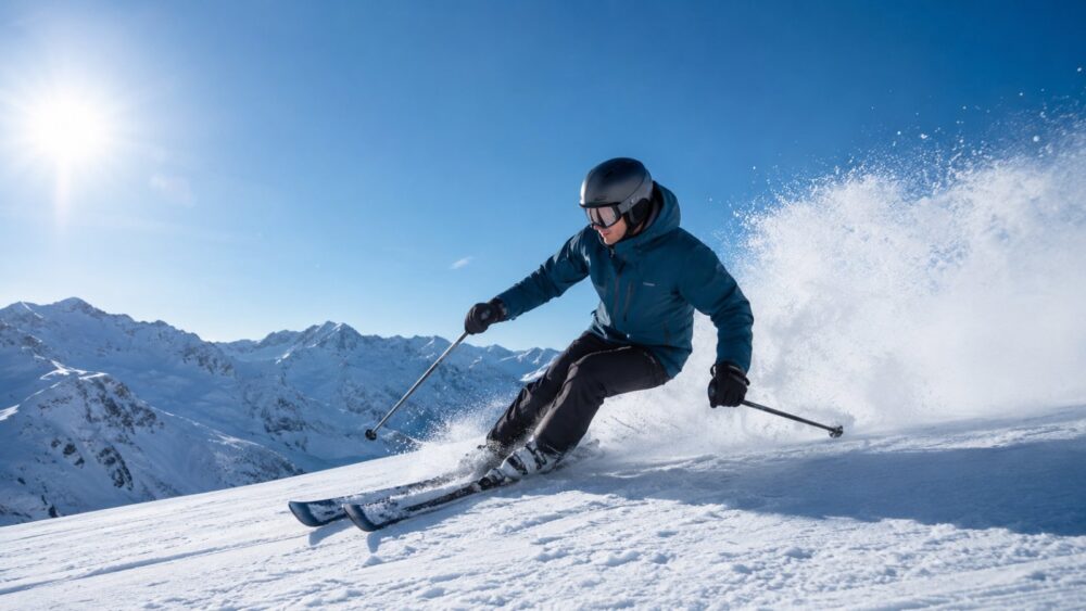 Skiër carvet door de sneeuw op de piste - Spine Clinics