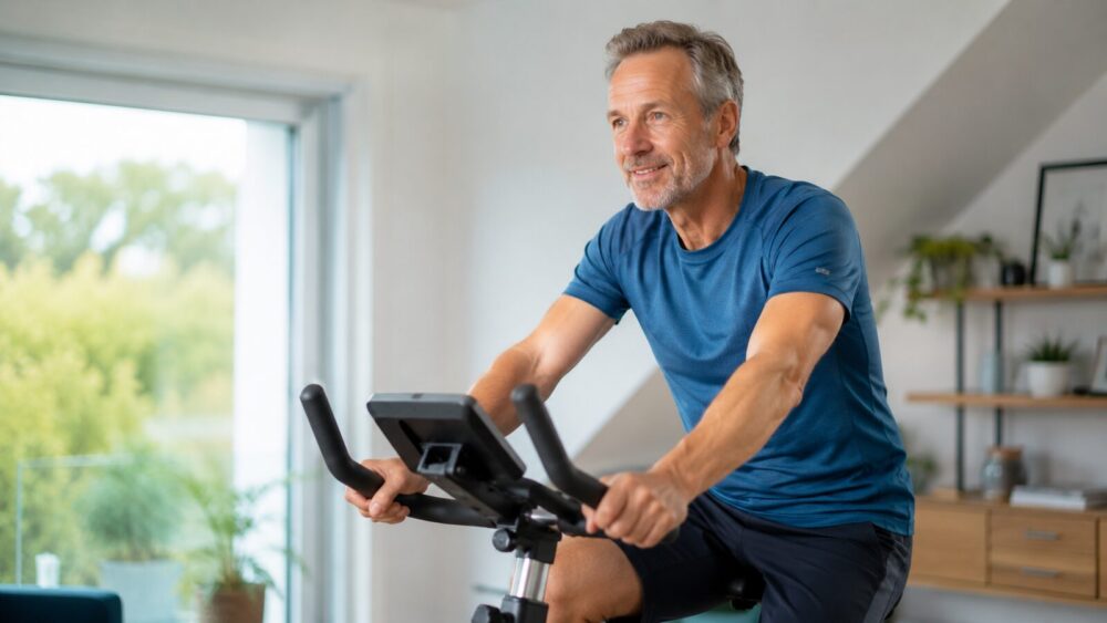 Vitale volwassene traint gewrichtsvriendelijk op een hometrainer – sporten met artrose, Spine Clinics