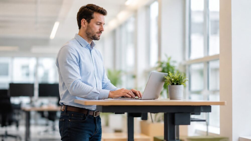 Persoon werkt met goede houding aan een sta-bureau – staand werken, Spine Clinics