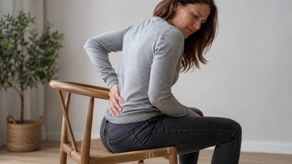 Persoon houdt zittend het staartbeen vast door pijn - Spine Clinics
