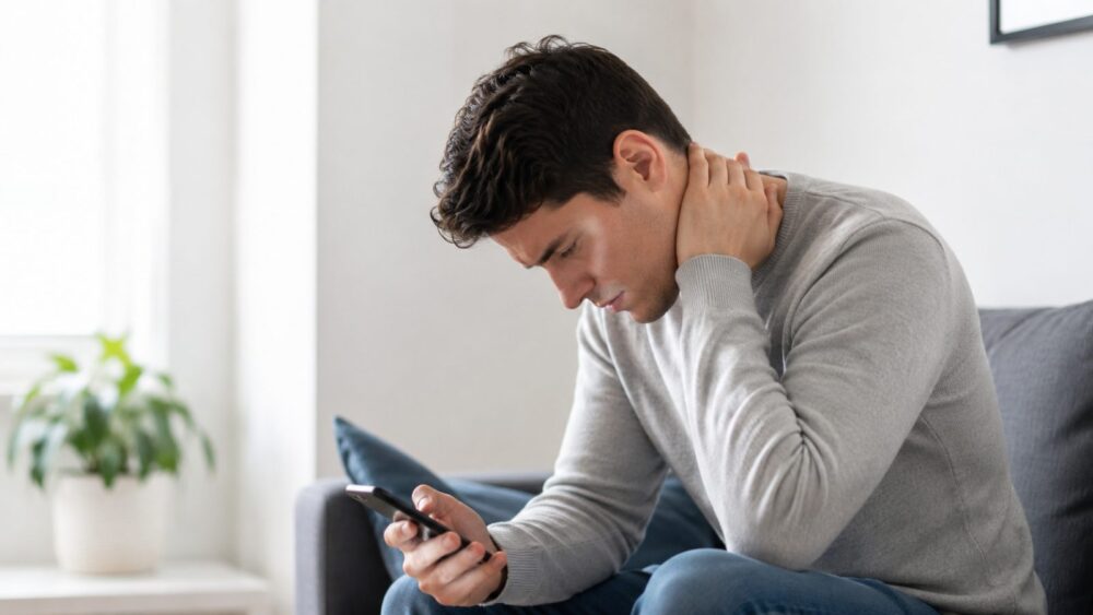 Jongvolwassene voorovergebogen op smartphone met pijnlijke nek – Spine Clinics, klacht tekstnek