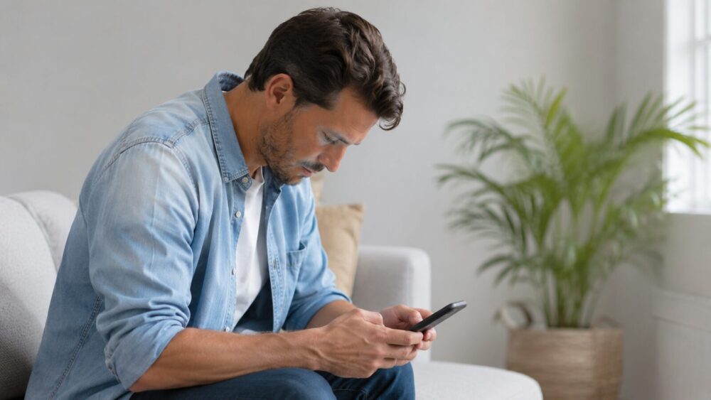 Persoon kijkt met gebogen nek op de smartphone – tekstnek, Spine Clinics
