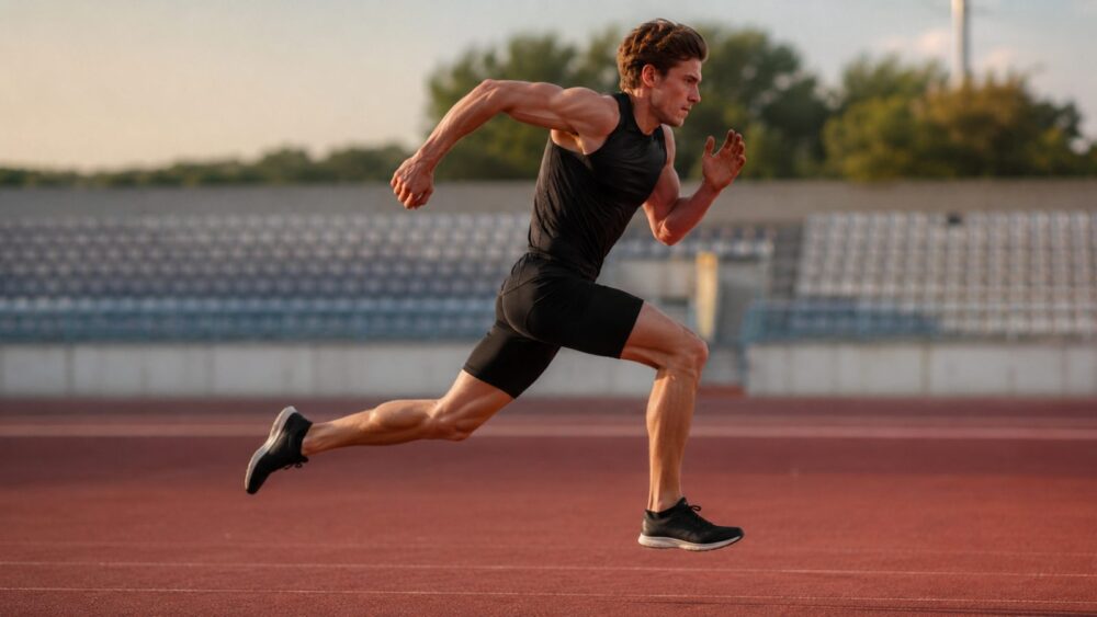 Atletische hardloper in volle sprint op de atletiekbaan – Spine Clinics topsport-expertisecentrum