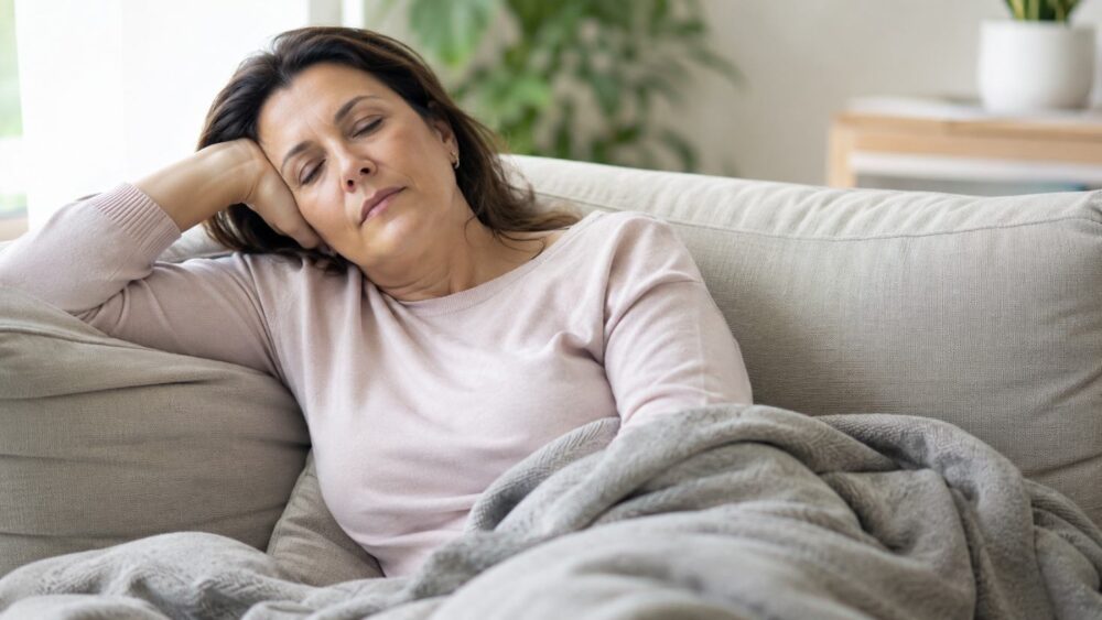 vermoeide vrouw rust overdag op de bank