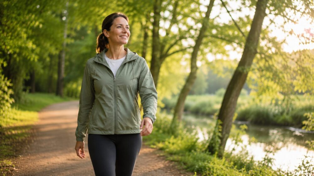 Vrouw maakt een stevige wandeling in een zonnig bos – wandelen voor je gezondheid, Spine Clinics