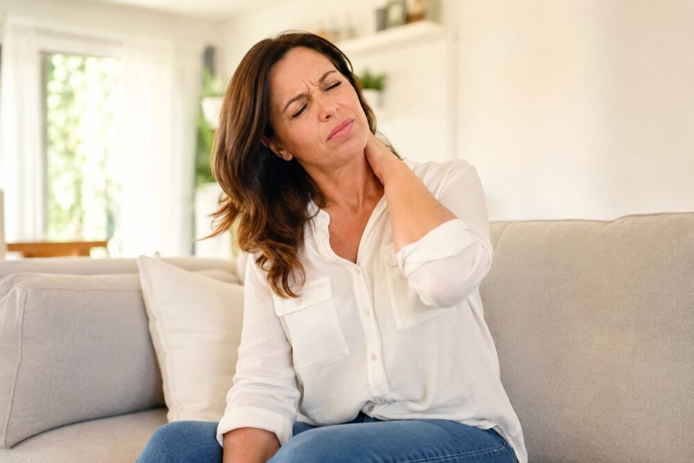 vrouw met whiplash nekklachten thuis op de bank