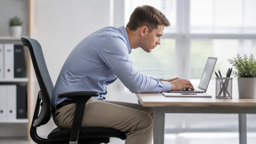 Kantoorwerker zit voorovergebogen met een ronde onderrug achter de laptop – langdurig zitten belast de onderrug, Spine Clinics